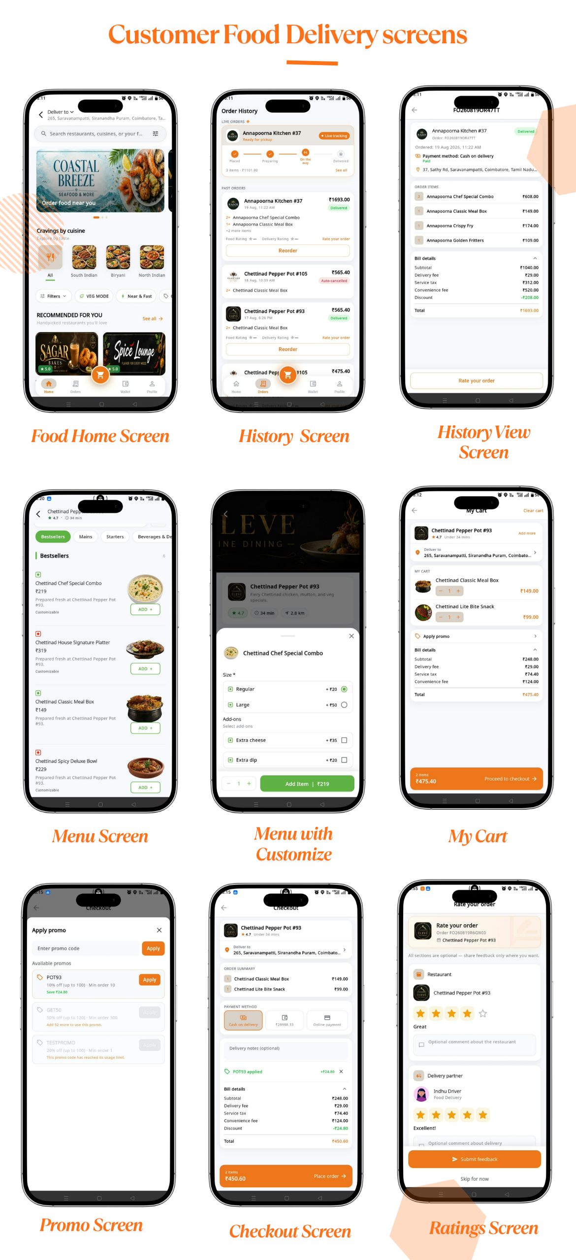 Customer Food Delivery App Screens