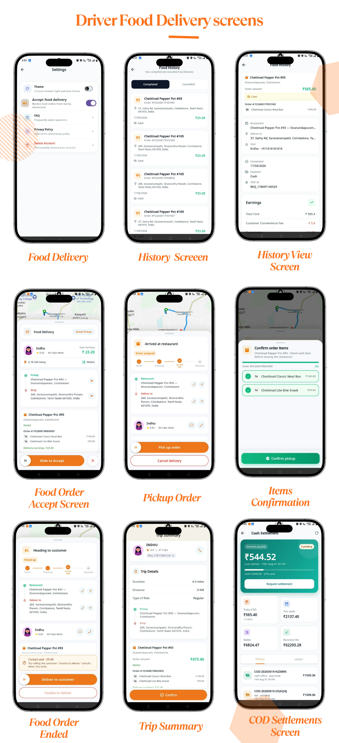 Driver Food Delivery Screens